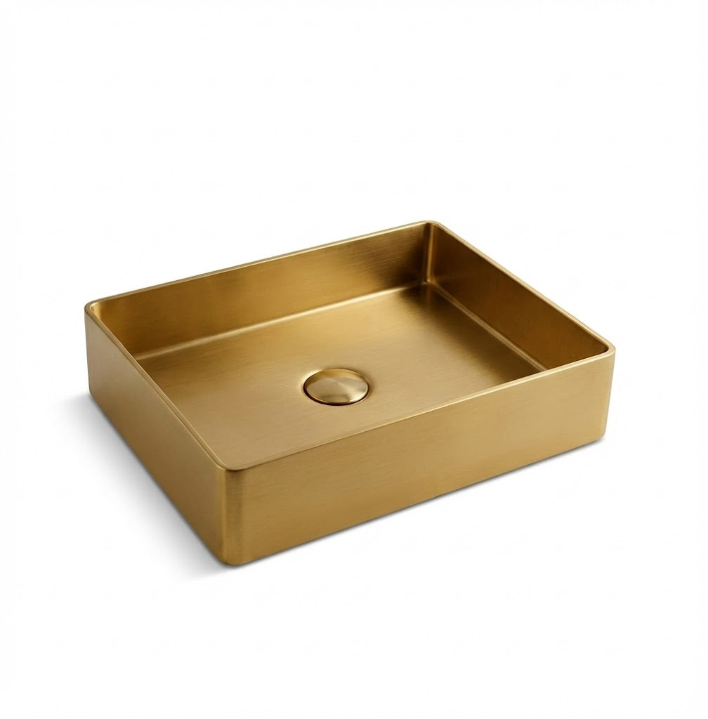 Rectangular Brushed Brass Countertop Bathroom Basin - Luxury Vessel Sink