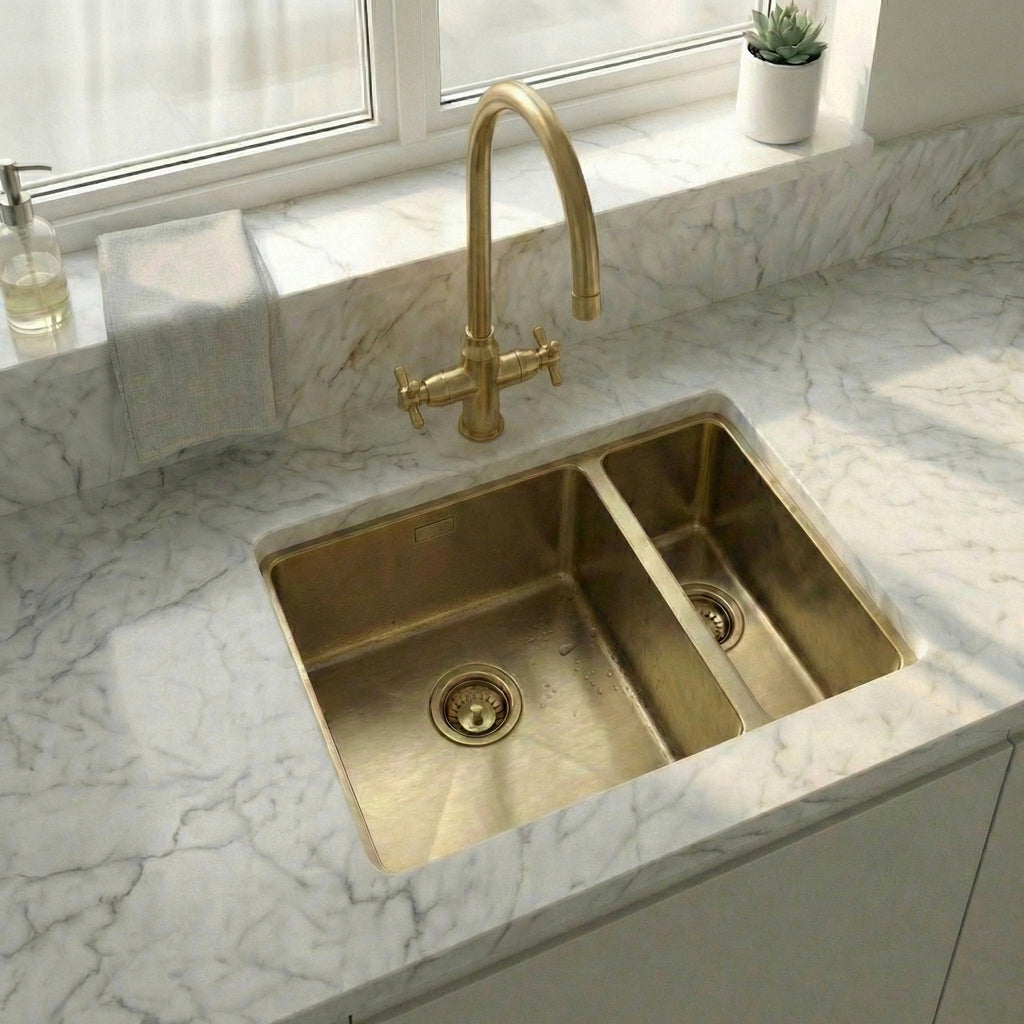 STATEMENT 1.5 Bowl Undermount Kitchen Sink Brushed Brass - Left Hand