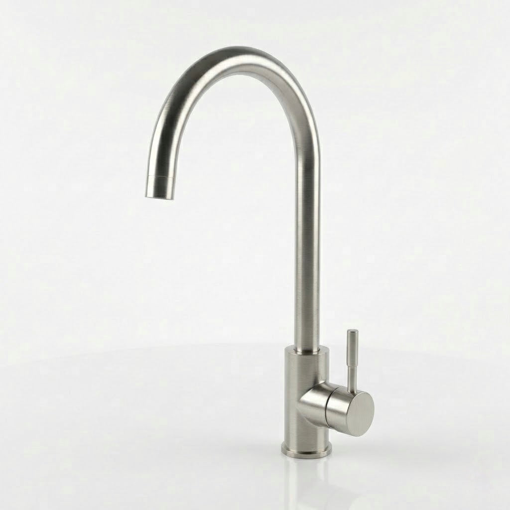 Stainless steel kitchen faucet on a white background