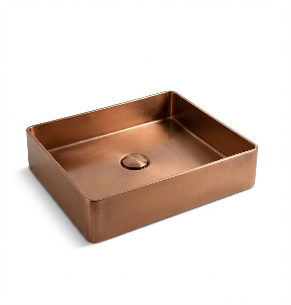 Rectangular Brushed Copper Countertop Bathroom Basin - Modern Vessel Sink