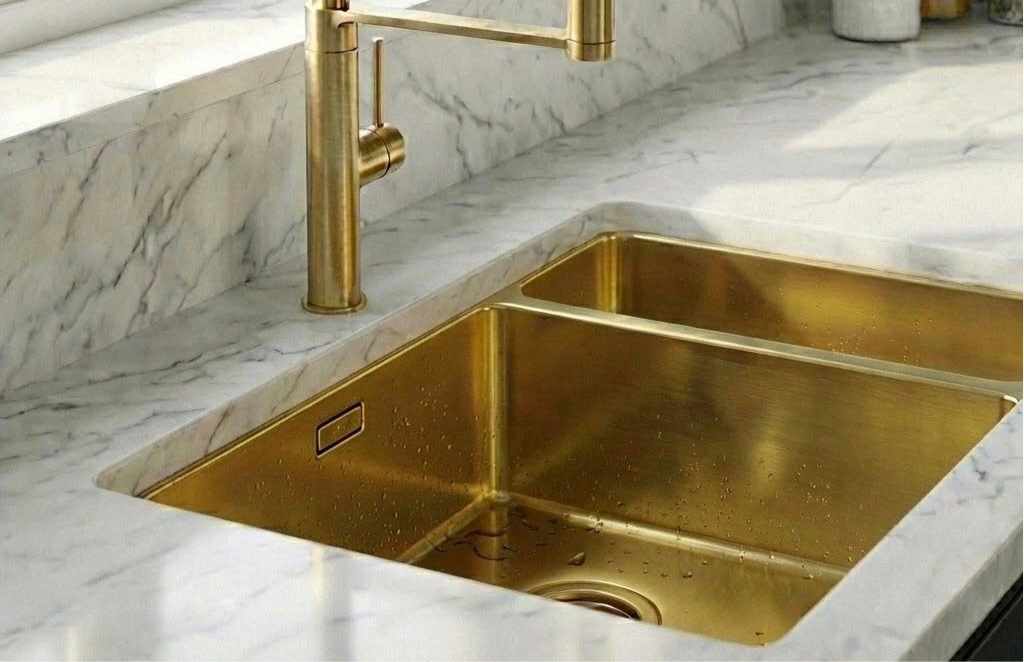 STATEMENT 1.5 Bowl Undermount Kitchen Sink Brushed Brass - Left Hand