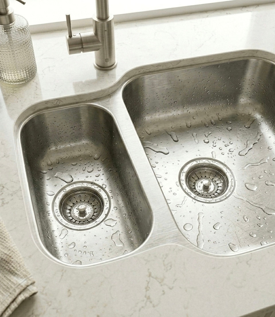 Stainless steel kitchen sink with water droplets on a light countertop