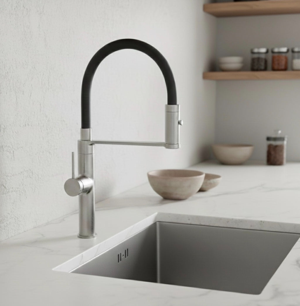 Stainless Steel Kitchen Mixer Tap with Black Pull-Out Flexi Hose