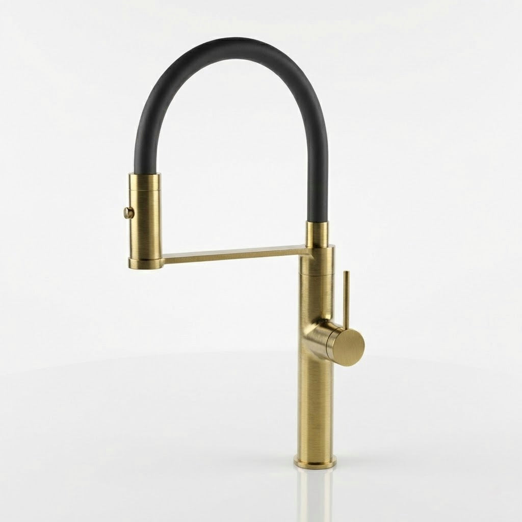 Brushed Brass Kitchen Mixer Tap with Black Pull-Out Flexi Hose