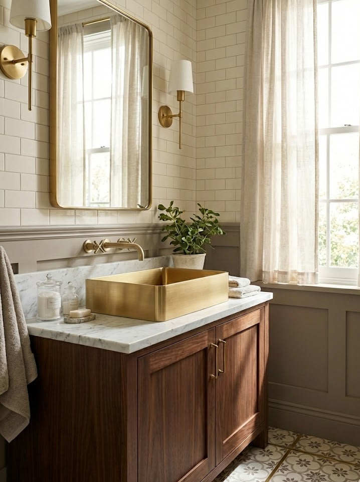 Rectangular Brushed Brass Countertop Bathroom Basin - Luxury Vessel Sink