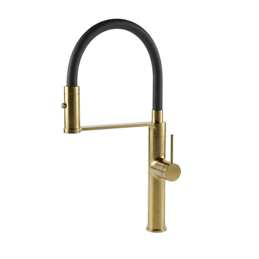 Brushed Brass Kitchen Mixer Tap with Black Pull-Out Flexi Hose