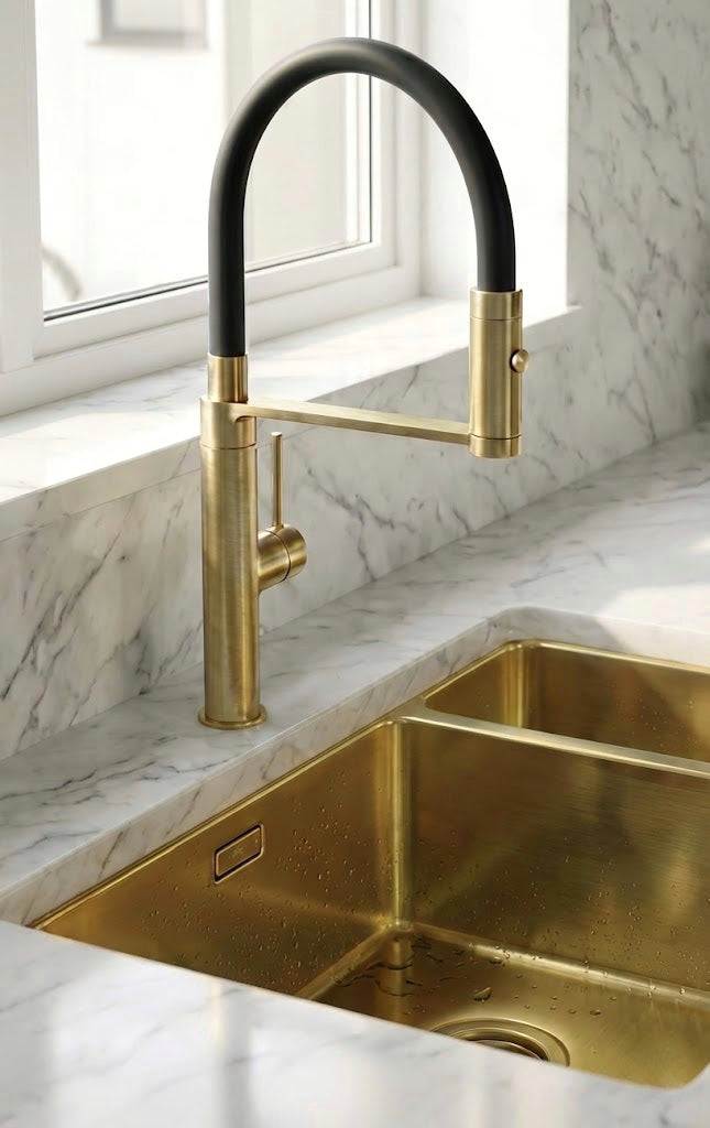 Brushed Brass Kitchen Mixer Tap with Black Pull-Out Flexi Hose