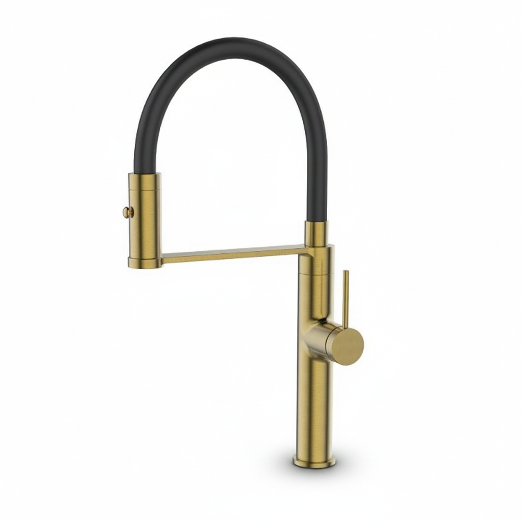 Brushed Brass Kitchen Mixer Tap with Black Pull-Out Flexi Hose