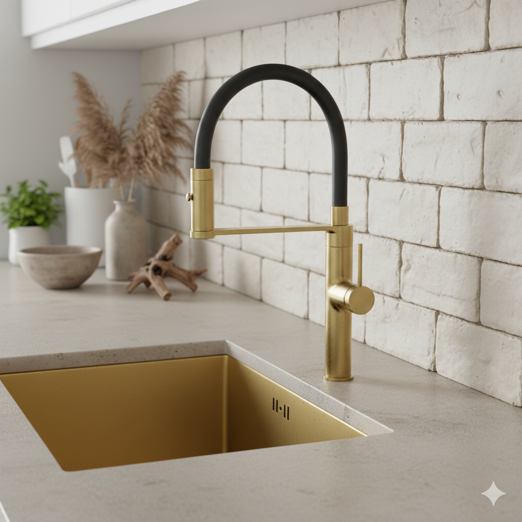 Brushed Brass Kitchen Mixer Tap with Black Pull-Out Flexi Hose