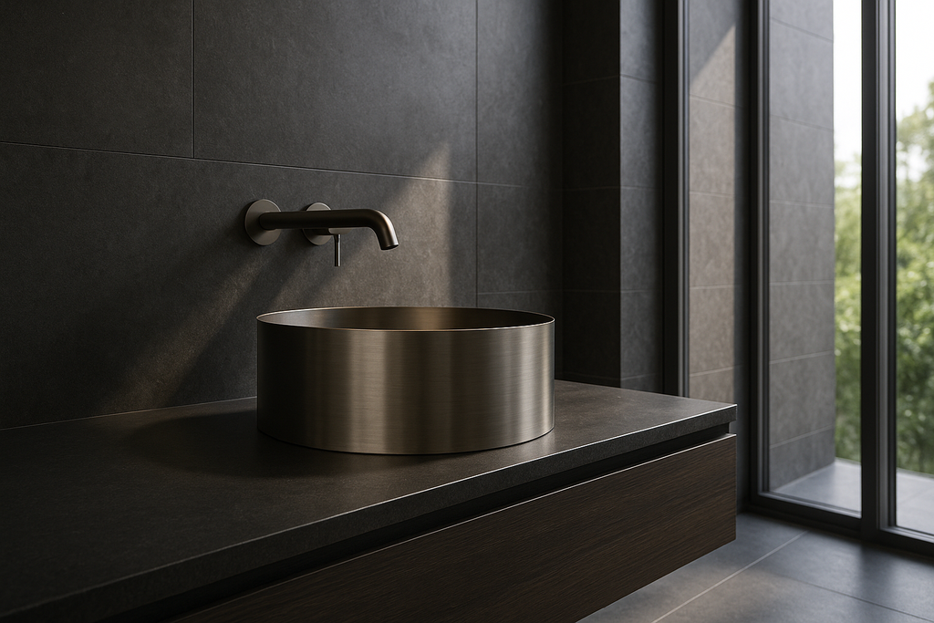 Dark bathroom with flat-bottomed brushed gunmetal basin