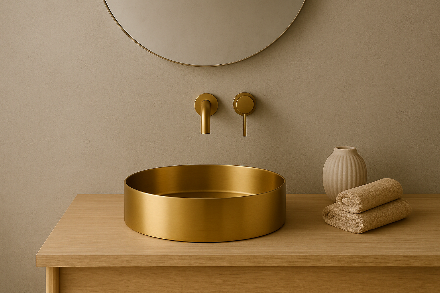 Japandi Bathroom with Brushed Brass Basin