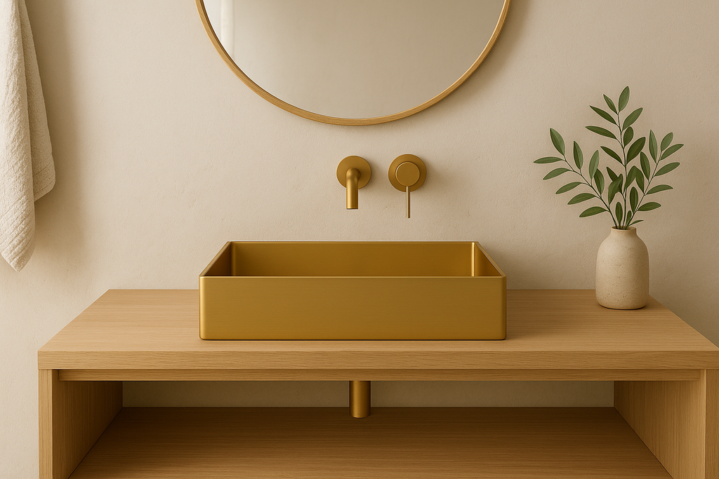 Light Japandi-Style Bathroom with Sharp-Cornered Brushed Brass Basin