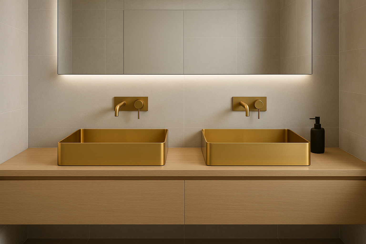 Modern Minimalist Bathroom with Dual Brushed Brass Basins