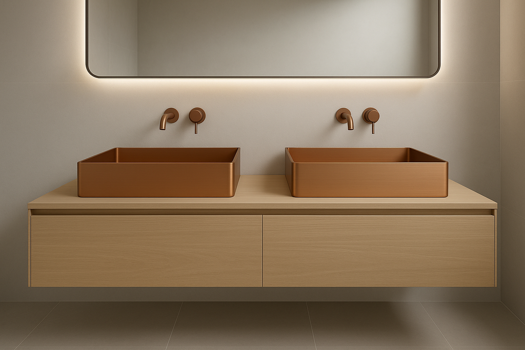 Modern Minimalist Bathroom with Dual Brushed Copper Basins