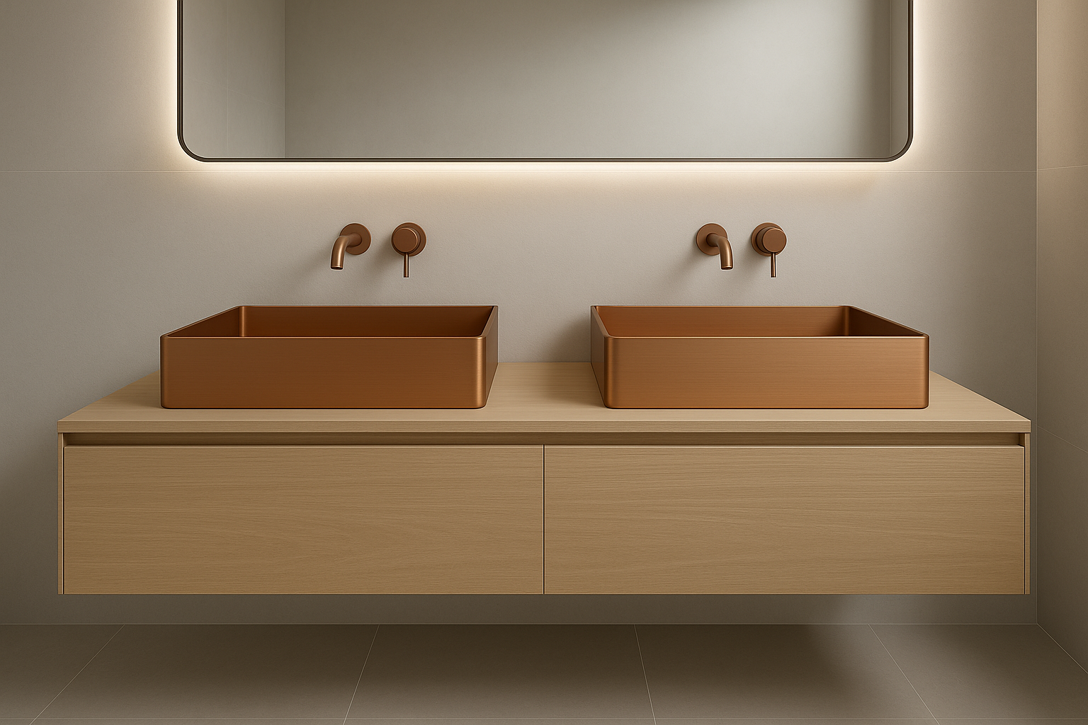Modern Minimalist Bathroom with Dual Brushed Copper Basins