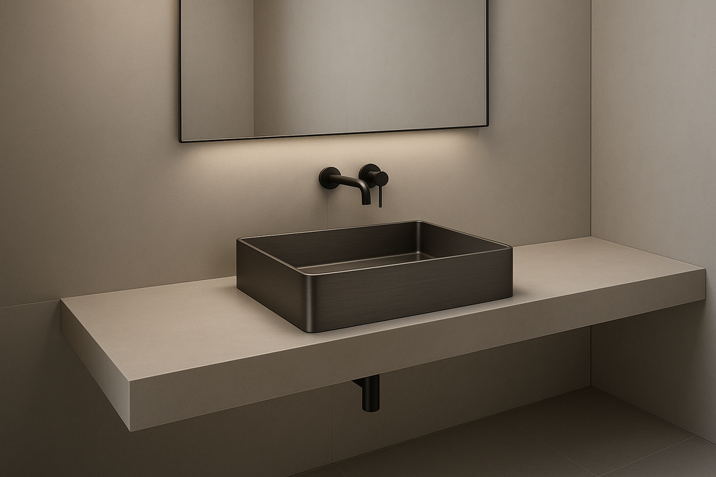Modern Minimalist Bathroom with Thin-Rimmed Brushed Gunmetal Basin