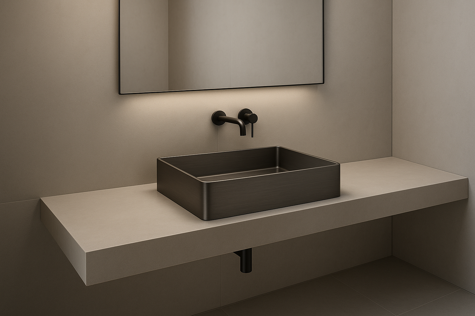 Modern Minimalist Bathroom with Thin-Rimmed Brushed Gunmetal Basin